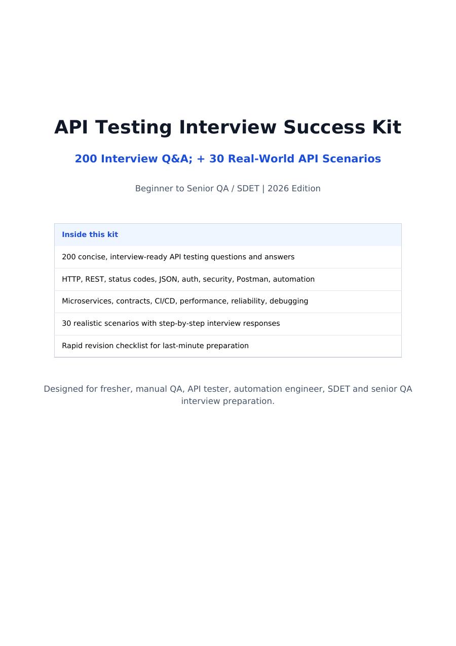First-page preview of API Testing Interview Success Kit — 200 Real Scenarios