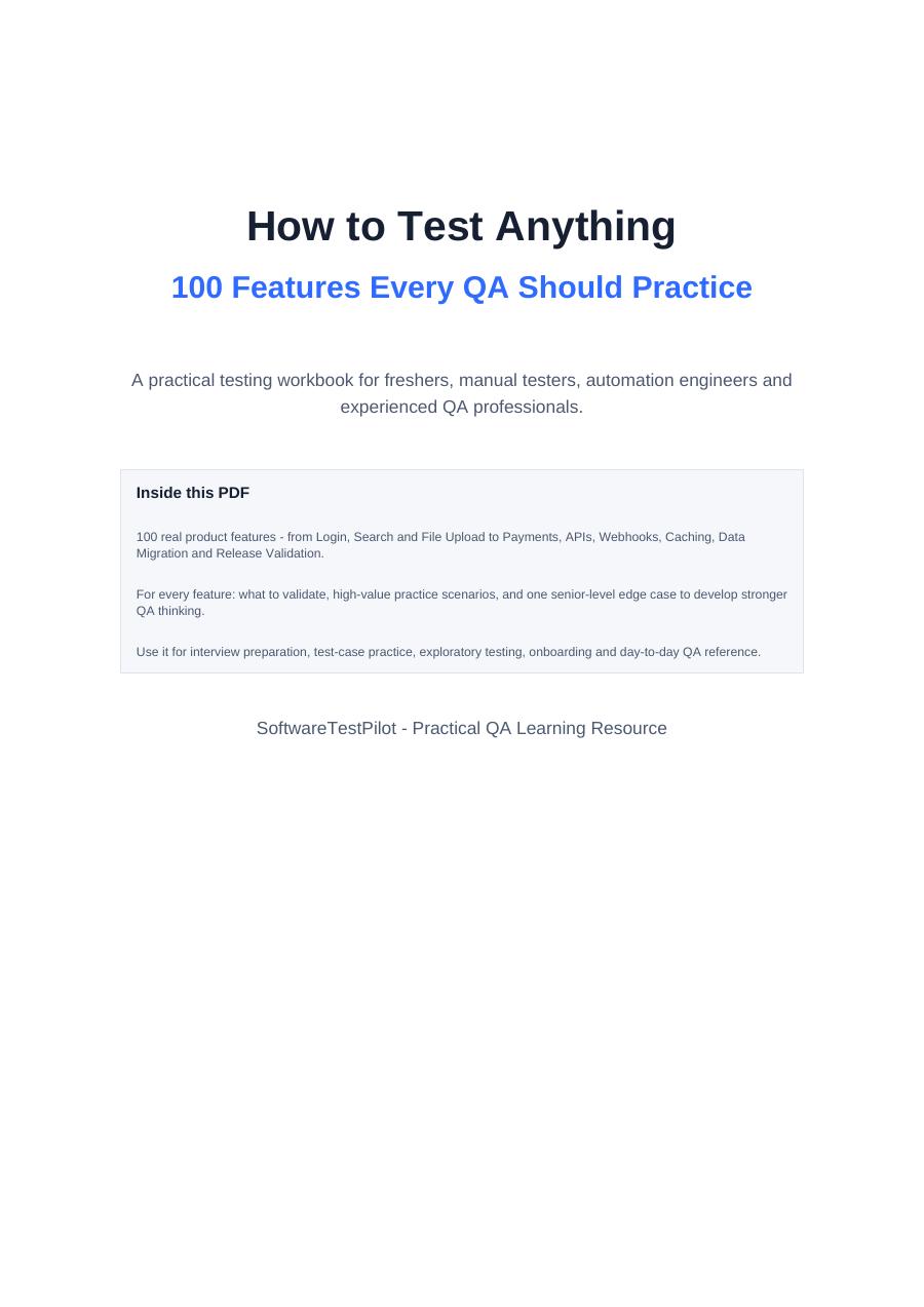 First-page preview of How to Test Anything — 100 Features Every QA Should Practice