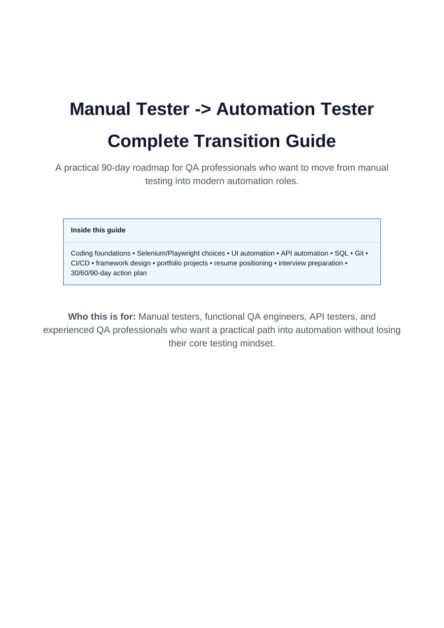 First-page preview of Manual Tester to Automation Tester — Complete Transition Guide