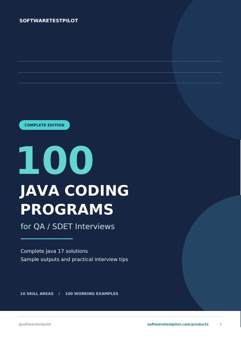 First-page preview of 100 Java Coding Programs for QA and SDET Interviews — Complete Edition