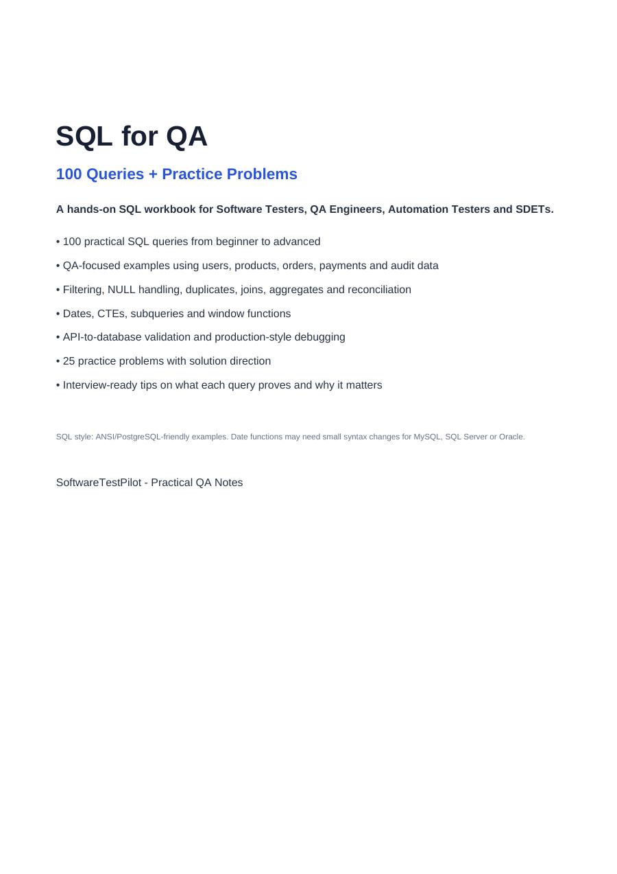 First-page preview of SQL for QA — 100 Queries and Practice Problems
