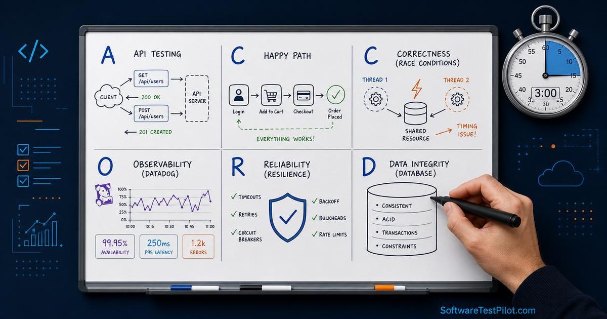 Whiteboard split into six ACCORD quadrants (Architecture, Core happy path, Concurrency, Observability, Recovery, Data state) with a hand holding a marker and a 3:00 stopwatch — SoftwareTestPilot.com wordmark in the corner.