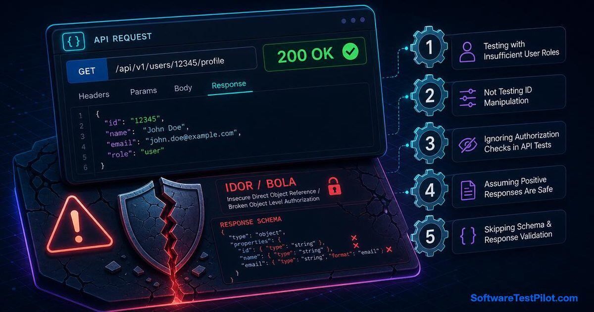 Editorial illustration of an API request panel showing a green 200 OK response above a cracked shield revealing an IDOR/BOLA alert and broken JSON schema, with five numbered gear-badges listing the mistakes. SoftwareTestPilot.com wordmark in the corner.