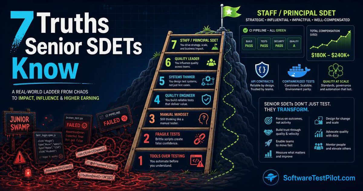 Editorial illustration of a 7-rung seniority ladder rising from a chaotic red junior swamp of broken UI scripts up to a calm Staff/Principal SDET summit with green CI dashboard, API contract shields and a rising $180K–$240K salary graph. SoftwareTestPilot.com wordmark in the corner.