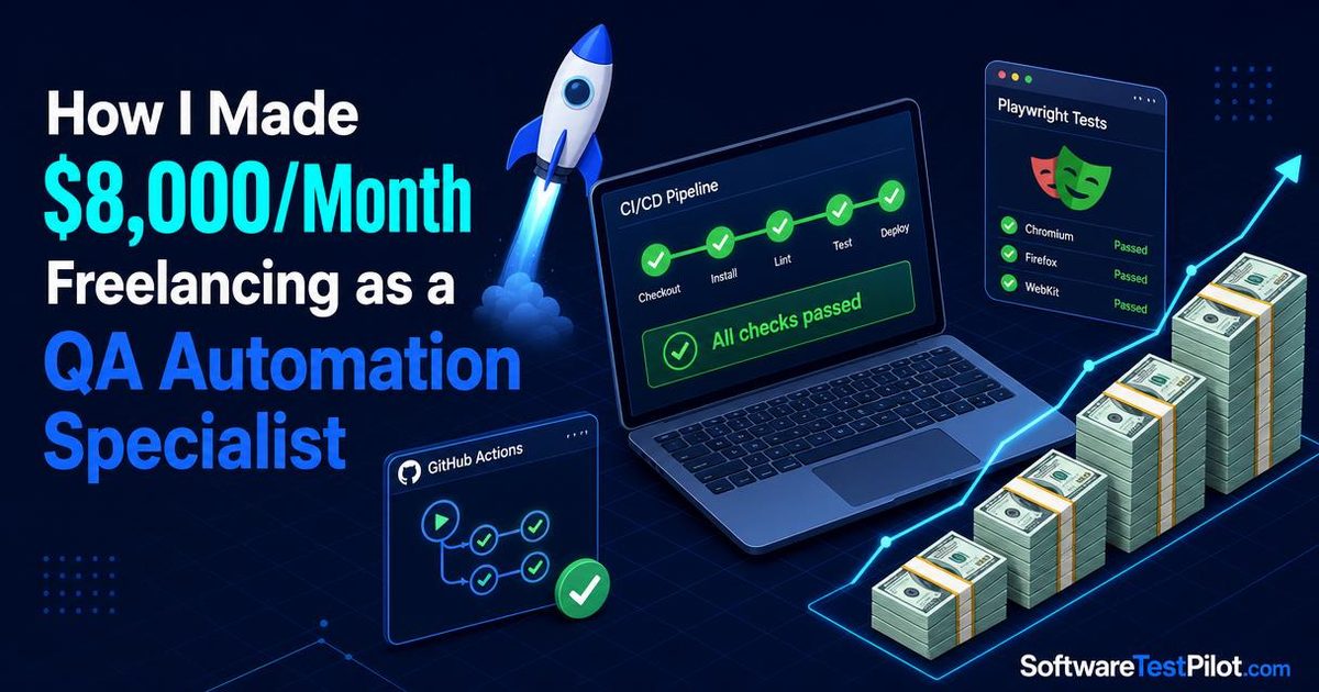 Editorial cover of a laptop showing a green CI/CD pipeline, Playwright browser windows, a rising stack of $100 bills and a startup rocket — SoftwareTestPilot.com wordmark in the corner.