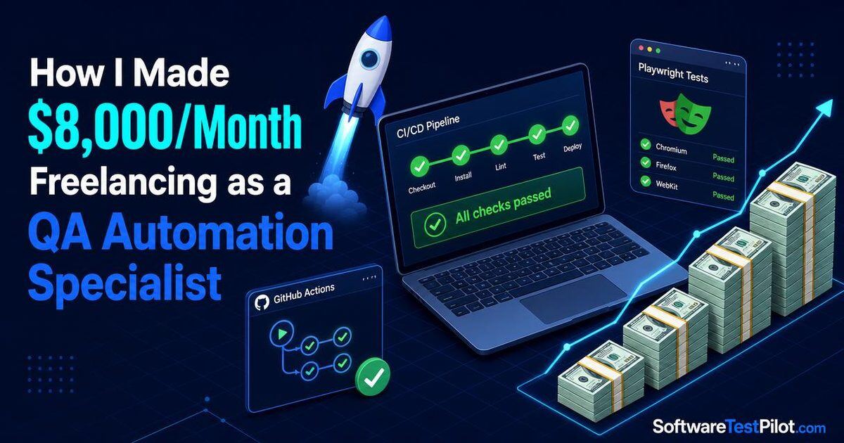 Editorial cover of a laptop showing a green CI/CD pipeline, Playwright browser windows, a rising stack of $100 bills and a startup rocket — SoftwareTestPilot.com wordmark in the corner.