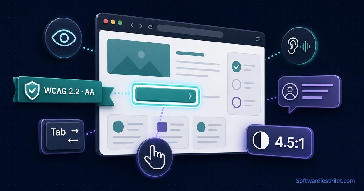 Accessibility testing WCAG guide cover — browser audit illustration with eye, ear, keyboard Tab key, hand cursor, screen reader speech bubble, WCAG 2.2 AA badge, and 4.5:1 contrast chip on a dark navy background.