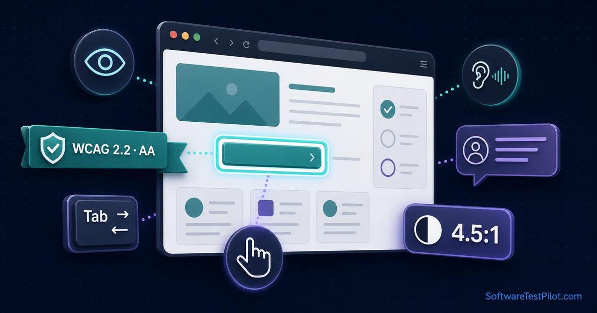 Accessibility testing WCAG guide cover — browser audit illustration with eye, ear, keyboard Tab key, hand cursor, screen reader speech bubble, WCAG 2.2 AA badge, and 4.5:1 contrast chip on a dark navy background.