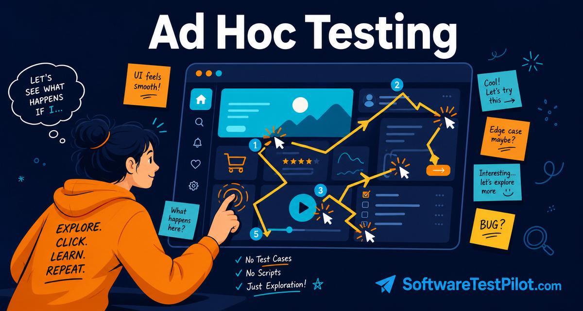 Editorial cover showing a tester rapidly exploring an app UI with sticky notes and lightning-bolt paths, titled Ad Hoc Testing with the SoftwareTestPilot.com wordmark.