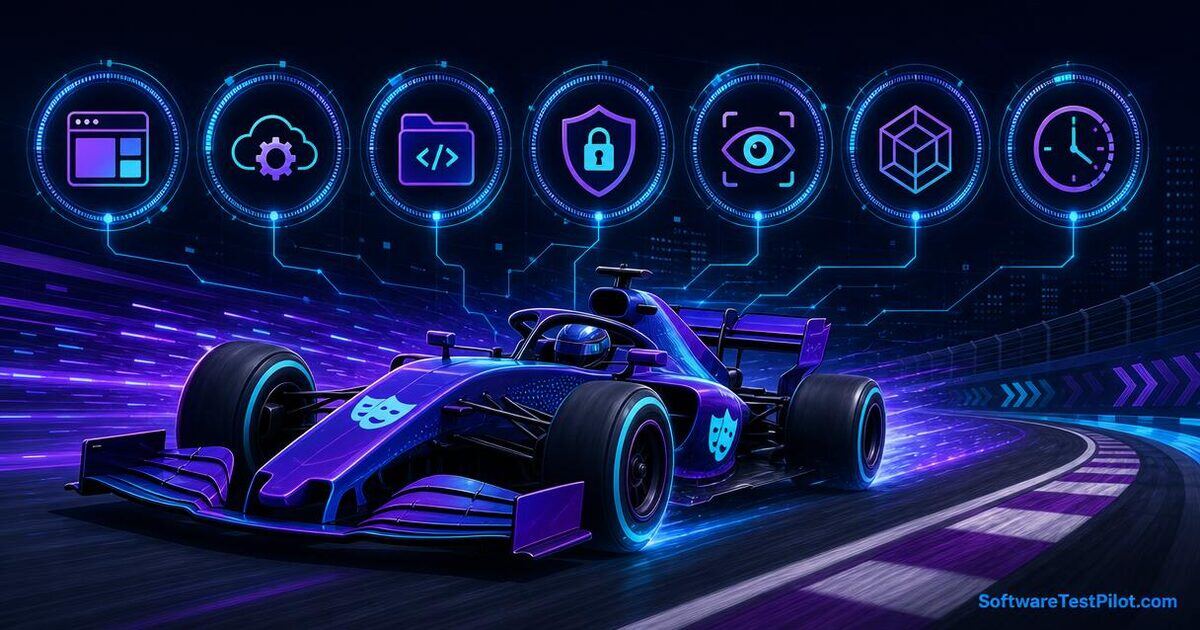 Editorial illustration of a Playwright-branded F1 car speeding under 7 glowing feature gauges — UI Mode, API, fixtures, auth, visual, component, clock — SoftwareTestPilot.com wordmark in the corner.