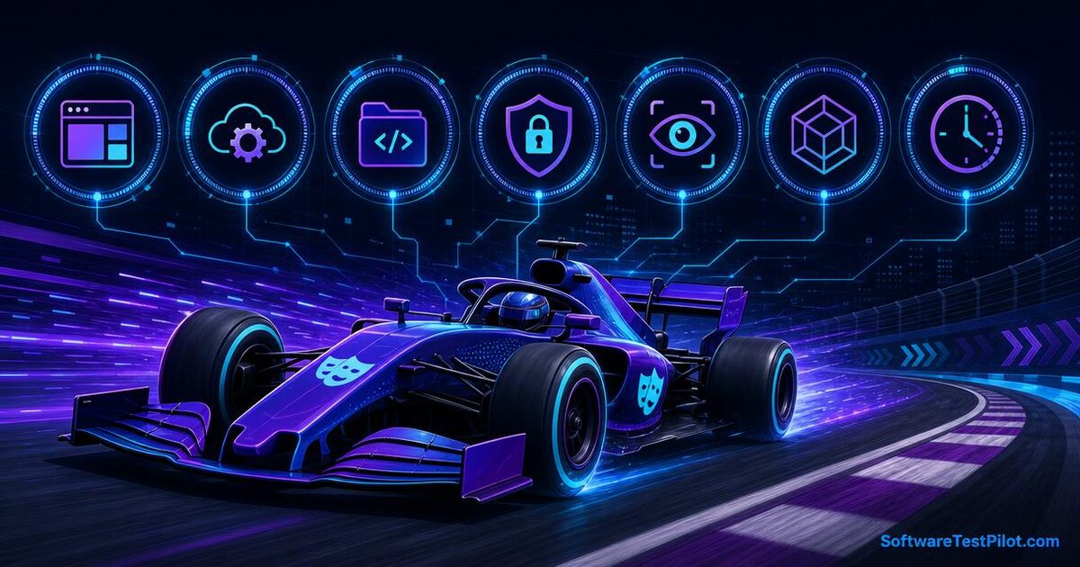 Editorial illustration of a Playwright-branded F1 car speeding under 7 glowing feature gauges — UI Mode, API, fixtures, auth, visual, component, clock — SoftwareTestPilot.com wordmark in the corner.