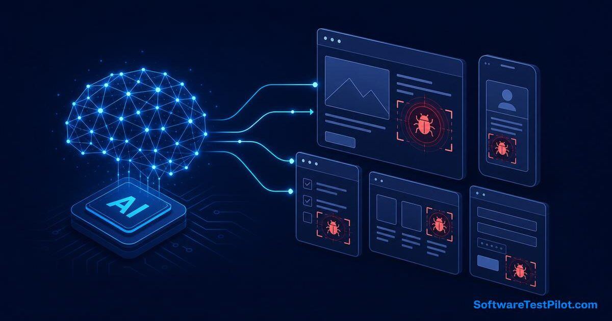 AI-powered bug detection dashboard highlighting visual regressions and log anomalies for a QA team