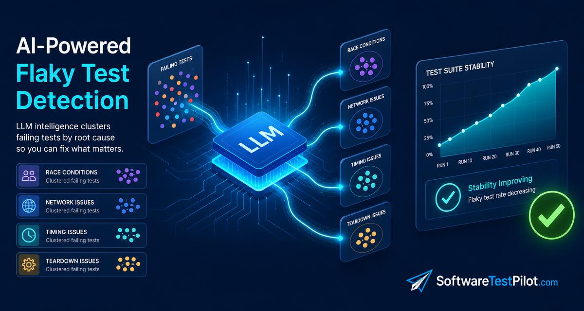 AI flaky test detection cover — LLM clustering failing test dots into root-cause groups with a rising stability graph, SoftwareTestPilot.com wordmark.