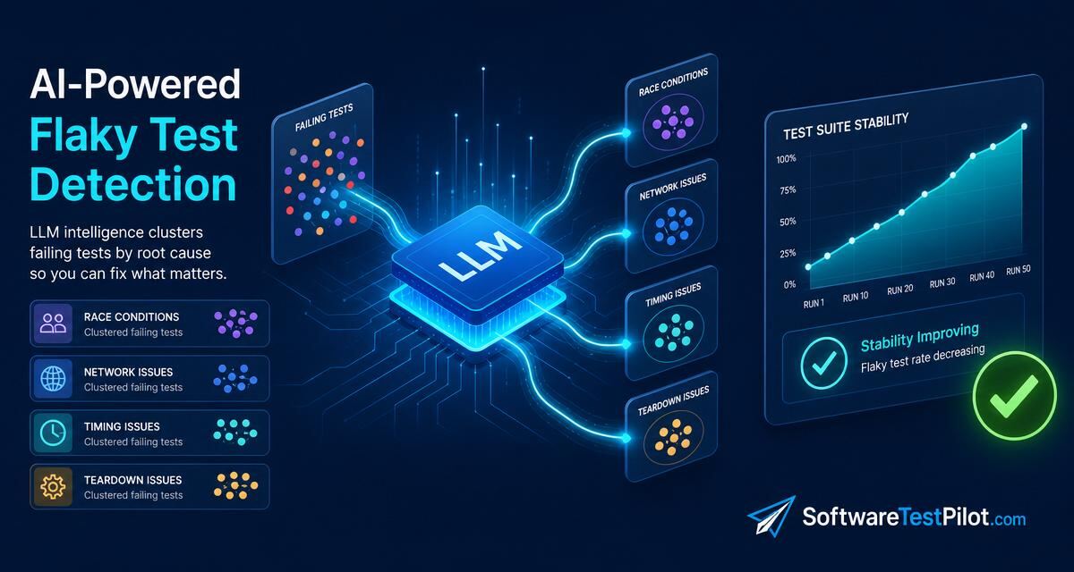 AI flaky test detection cover — LLM clustering failing test dots into root-cause groups with a rising stability graph, SoftwareTestPilot.com wordmark.