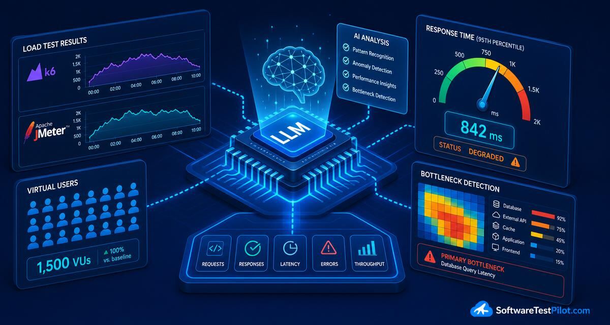 AI performance testing cover — LLM analysing k6 and JMeter load charts with response time gauge and bottleneck heatmap, SoftwareTestPilot.com wordmark.