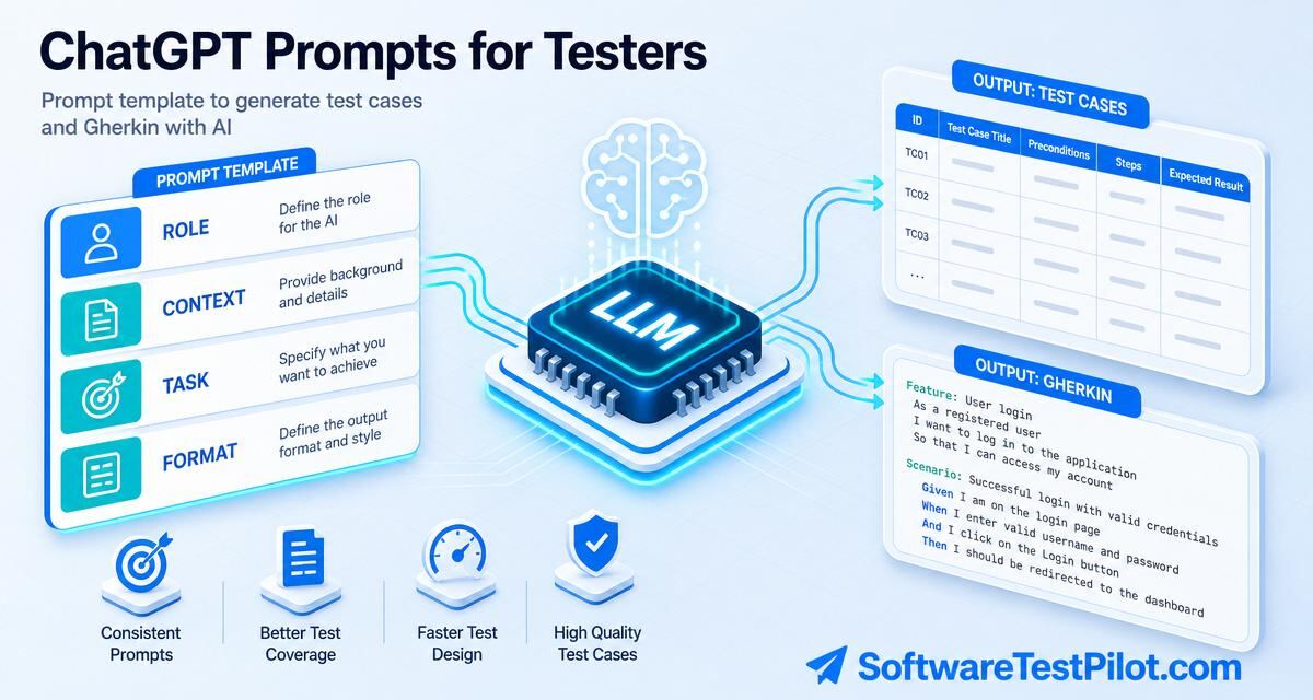 AI prompts for testers cover — RCTF prompt template card feeding an LLM chip that outputs test cases and Gherkin, SoftwareTestPilot.com wordmark.