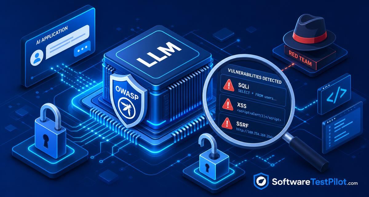 AI security and penetration testing cover — LLM inspecting an application for SQLi, XSS and SSRF vulnerabilities with OWASP shield and red-team hat, SoftwareTestPilot.com wordmark.