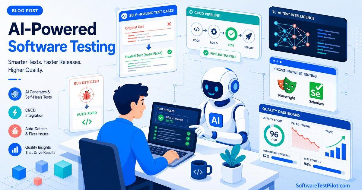 AI software testing cover — isometric infographic of an AI robot pairing with a QA engineer, self-healing test cases, CI/CD pipeline, neural network graph, Playwright and Selenium browser panel, and a live quality dashboard, with the SoftwareTestPilot.com wordmark.