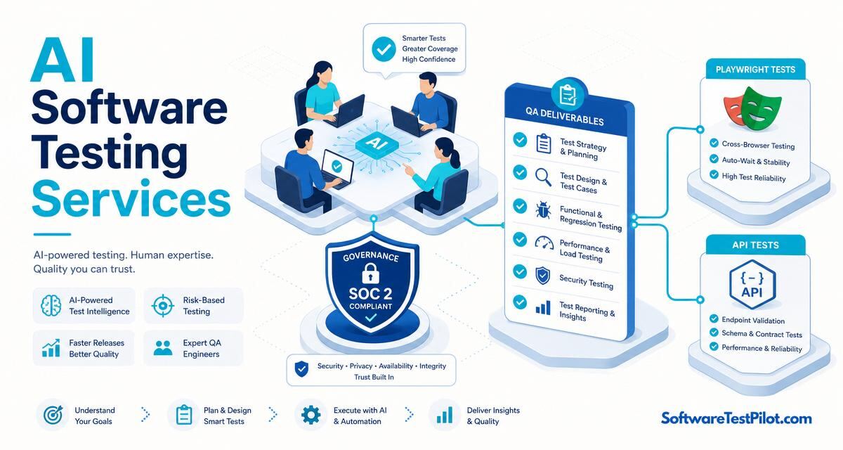 AI software testing services cover — services dashboard with team avatars, SOC 2 shield, QA deliverables checklist and connections to Playwright and API test tiles. SoftwareTestPilot.com wordmark.