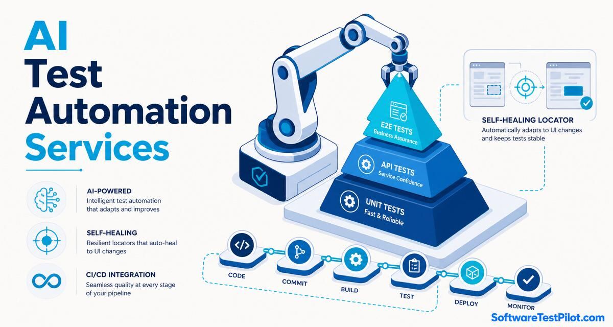 AI test automation services cover — robotic arm building a test pyramid (unit, API, E2E), self-healing locator icon and CI/CD pipeline. SoftwareTestPilot.com wordmark.
