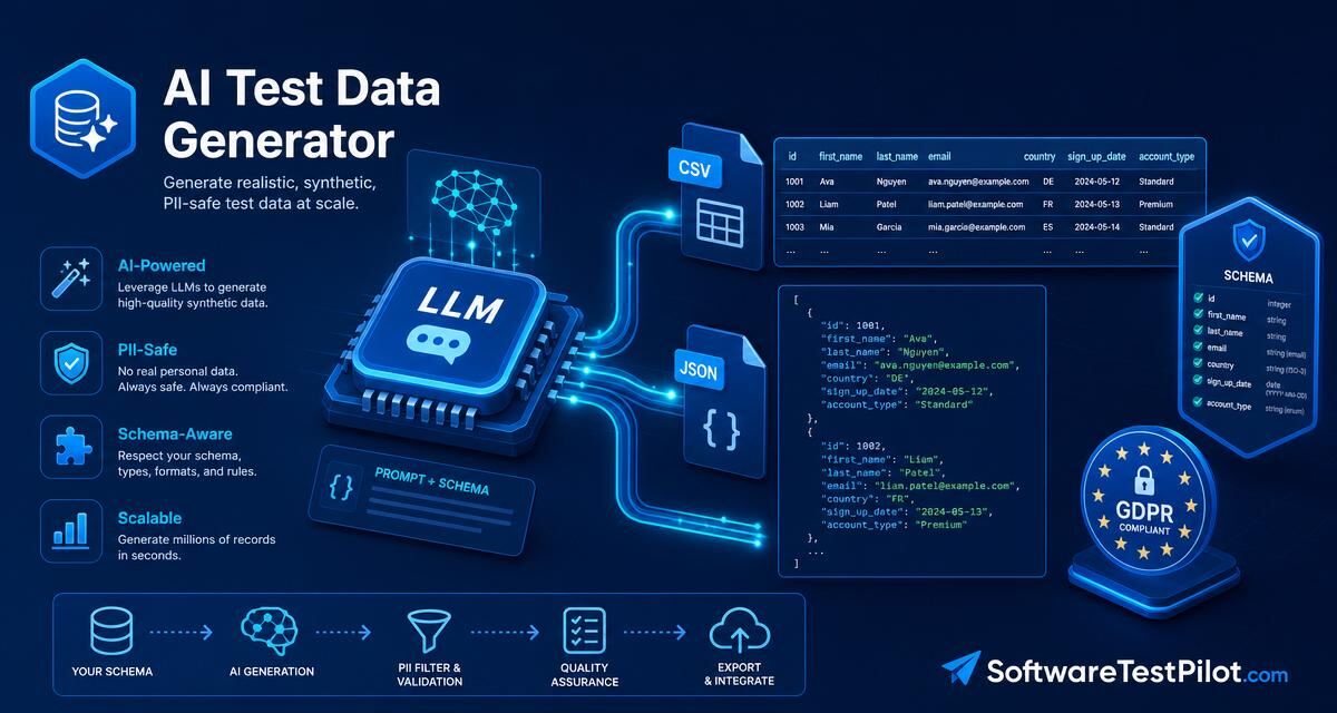 AI test data generator cover — LLM chip generating CSV and JSON records with schema shield and GDPR compliance badge, SoftwareTestPilot.com wordmark.