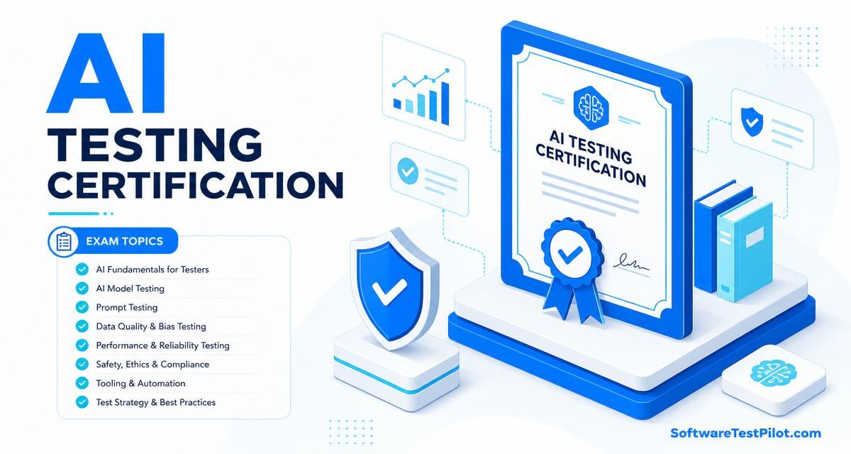 AI testing certification cover — certificate badge with ribbon, checklist of exam topics, and shield representing credential trust. SoftwareTestPilot.com wordmark.