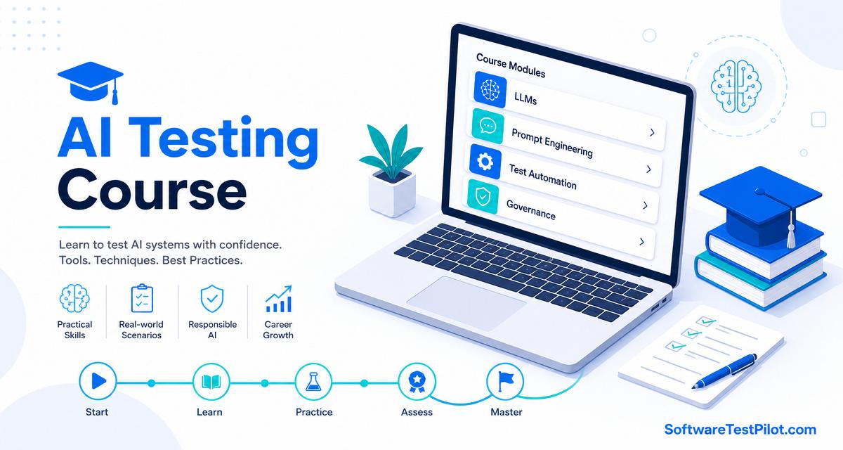 AI testing course cover — laptop with course modules (LLMs, prompt engineering, test automation, governance), graduation cap and progress track. SoftwareTestPilot.com wordmark.