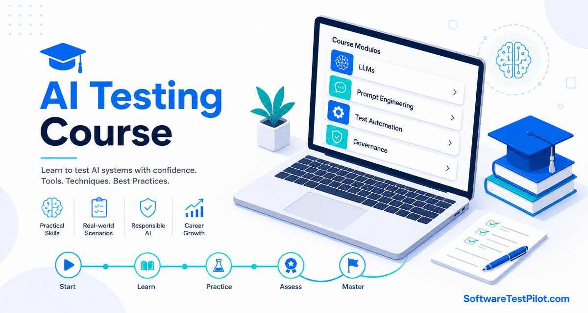 AI testing course cover — laptop with course modules (LLMs, prompt engineering, test automation, governance), graduation cap and progress track. SoftwareTestPilot.com wordmark.