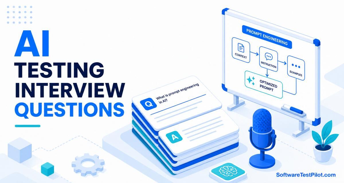 AI testing interview questions cover — stack of Q&A cards, microphone icon and whiteboard with prompt engineering diagram. SoftwareTestPilot.com wordmark.