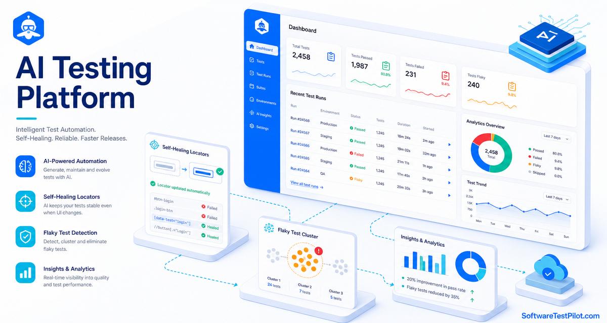 AI testing platform cover — SaaS dashboard with test runs, self-healing locators, flaky-test cluster and analytics charts. SoftwareTestPilot.com wordmark.