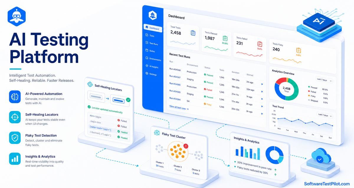 AI testing platform cover — SaaS dashboard with test runs, self-healing locators, flaky-test cluster and analytics charts. SoftwareTestPilot.com wordmark.