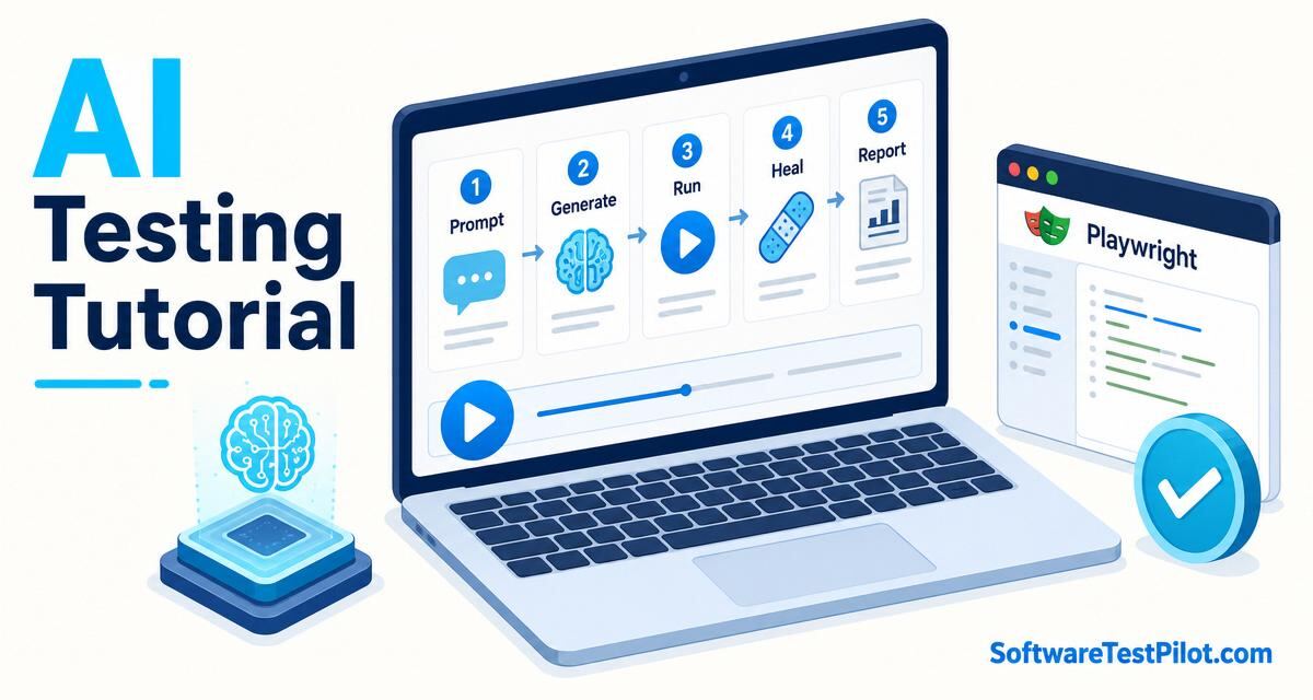 AI testing tutorial cover — laptop with 5-step workflow (Prompt, Generate, Run, Heal, Report), a Playwright browser window and a checkmark badge. SoftwareTestPilot.com wordmark.