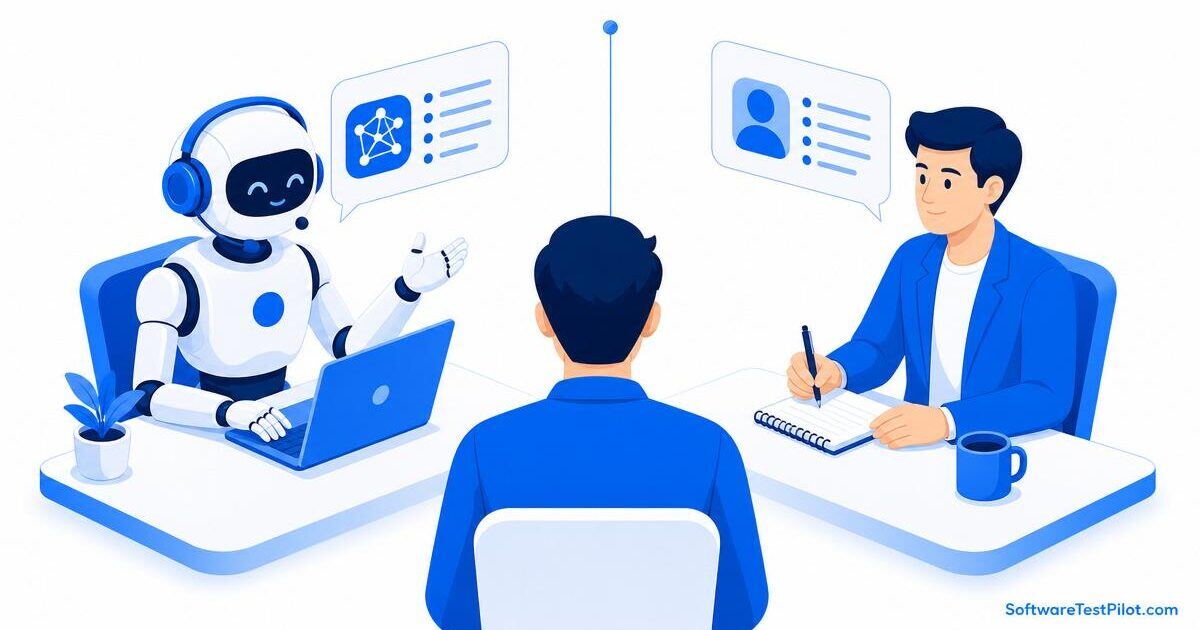 Side-by-side illustration of a QA tester being interviewed by an AI robot and by a human interviewer.