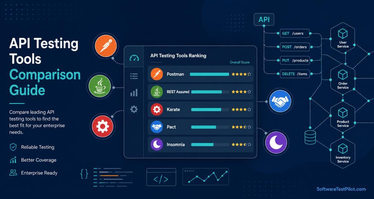 Enterprise API testing tools comparison — flat editorial dashboard ranking Postman, REST Assured, Karate, Pact and Insomnia next to a microservices map.