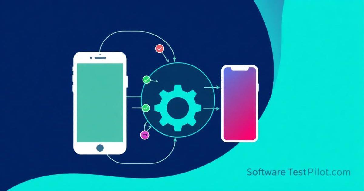 Appium mobile testing tutorial — flat editorial illustration of an Android phone and iPhone connected to a central Appium gear with tap and swipe gesture arrows.