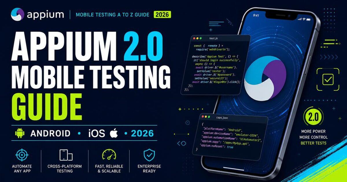 Appium 2.0 mobile testing A to Z guide cover — Android and iOS automation with code samples.