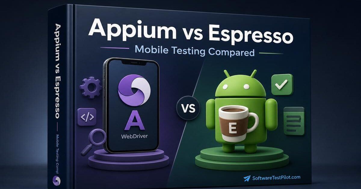 Appium vs Espresso cover — 3D book showing a phone with Appium WebDriver icon next to the green Android robot holding an espresso cup