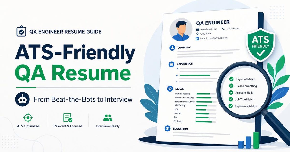 QA engineer resume guide 2026 cover — beat ATS, structure, skills, achievements, and examples for junior, mid, and senior SDET roles.
