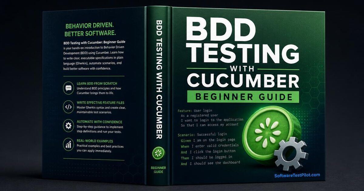 BDD Testing with Cucumber Beginner Guide — 3D book cover with Gherkin code and Cucumber logo