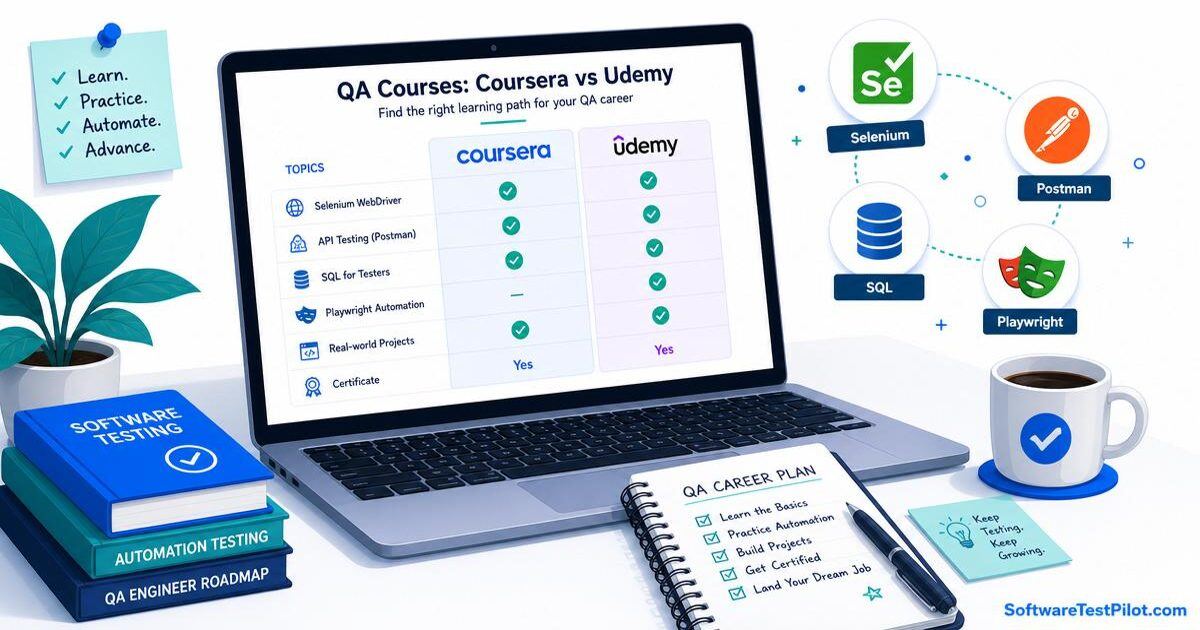 Student QA career guide cover for best software testing courses on Coursera and Udemy in 2026 — laptop with course comparison, notebook study plan, and Selenium, Postman, SQL and Playwright icons.