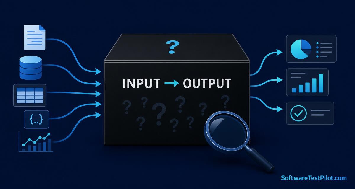 Editorial cover showing a closed black box with input arrows on the left and output arrows on the right, magnifying glass, and the SoftwareTestPilot.com wordmark.