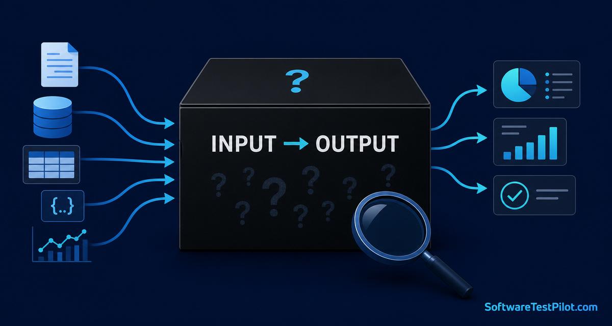 Editorial cover showing a closed black box with input arrows on the left and output arrows on the right, magnifying glass, and the SoftwareTestPilot.com wordmark.