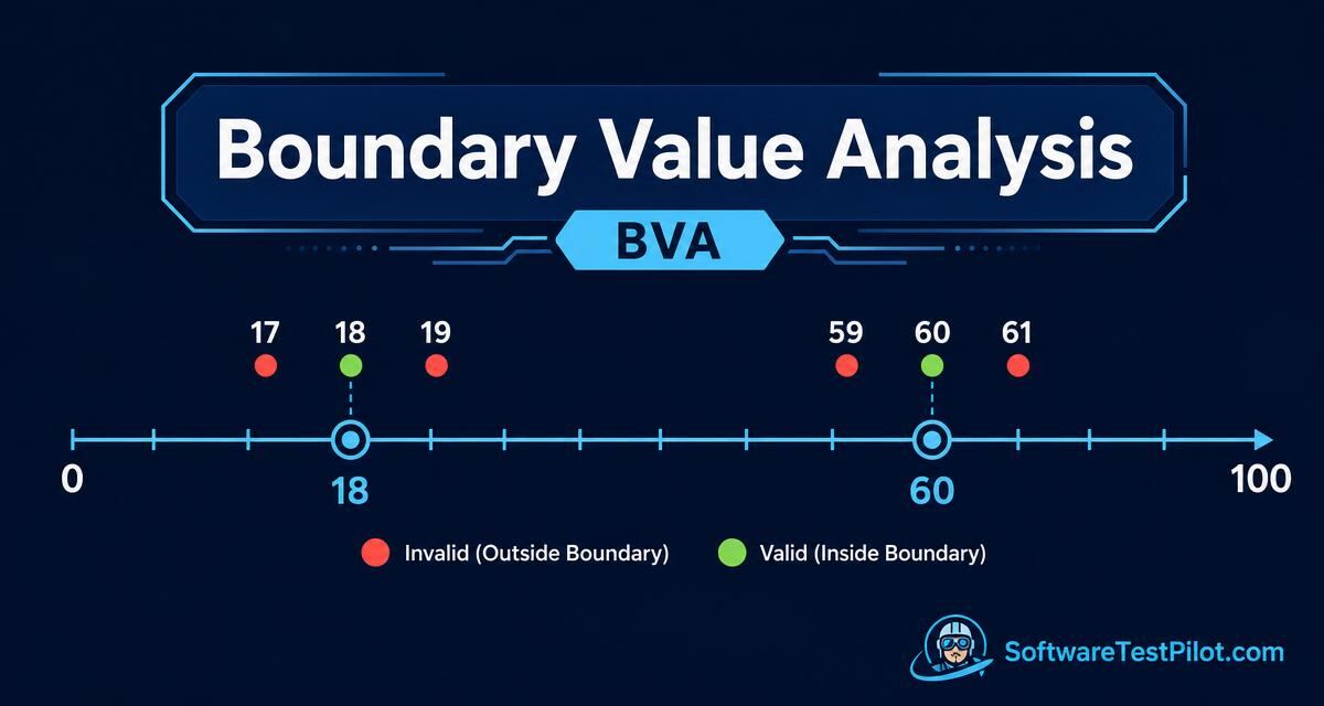Editorial cover showing a number line from 0 to 100 with boundary markers at 18 and 60, valid and invalid input dots labeled BVA, and the SoftwareTestPilot.com wordmark.
