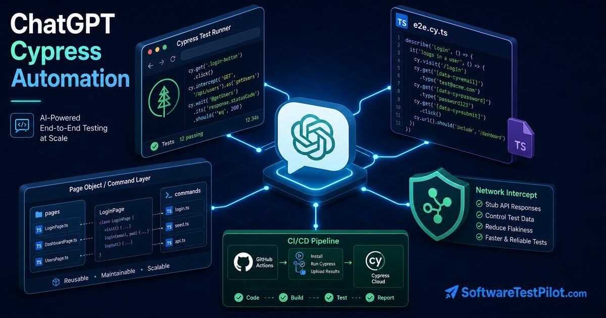 ChatGPT Cypress automation cover — isometric infographic of a ChatGPT chat bubble generating a Cypress e2e spec, page object / custom command layer, network-intercept shield, and a GitHub Actions plus Cypress Cloud CI pipeline, with the SoftwareTestPilot.com wordmark.