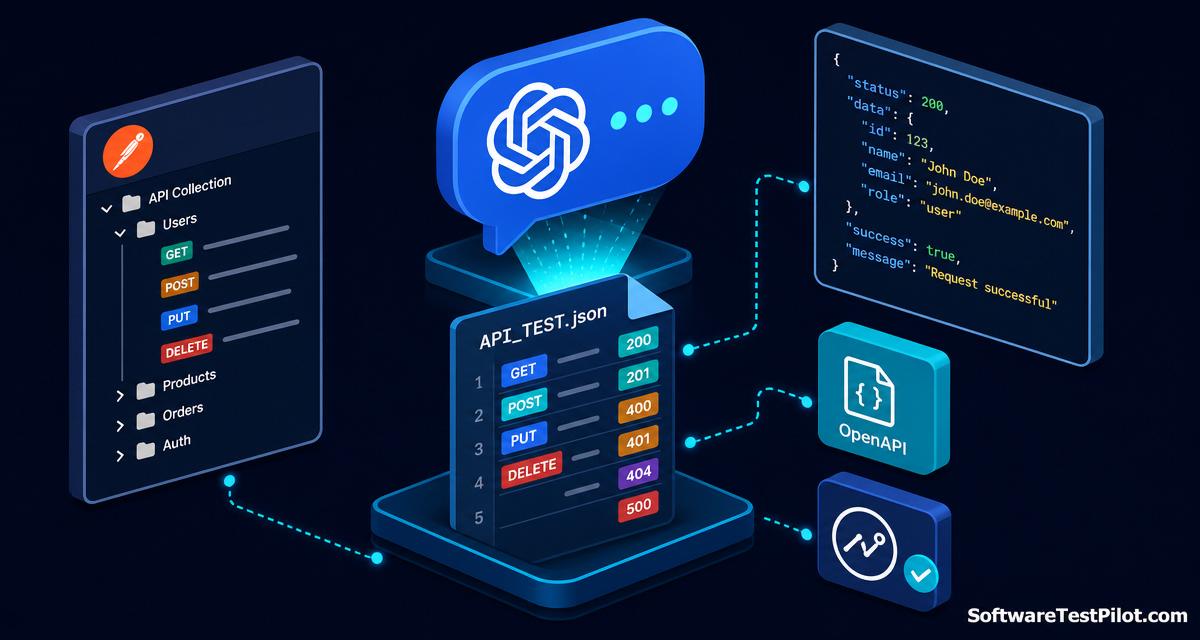ChatGPT for API testing cover — isometric infographic of a ChatGPT chat bubble generating an API test file with GET/POST/PUT/DELETE methods and status codes 200/201/400/401/404/500, plus Postman collection tree, JSON response and Newman CI badge, with the SoftwareTestPilot.com wordmark.