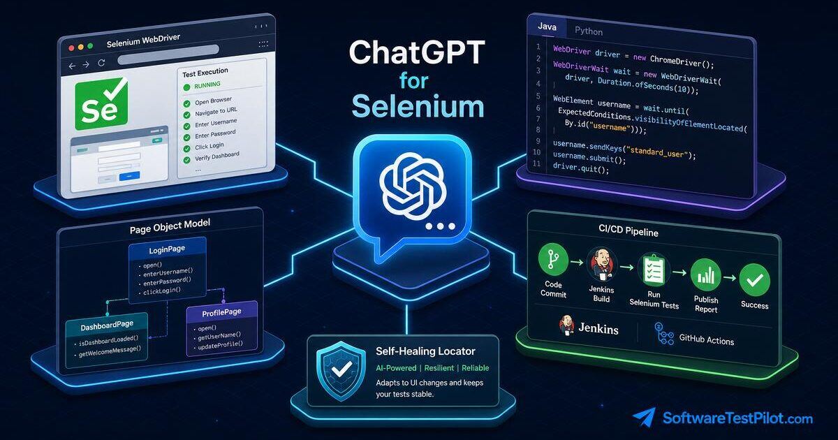 ChatGPT for Selenium cover — isometric infographic of a ChatGPT chat bubble generating Selenium WebDriver test code, a Page Object Model diagram, a green CI/CD pipeline (Jenkins + GitHub Actions) and a self-healing locator shield, with the SoftwareTestPilot.com wordmark.