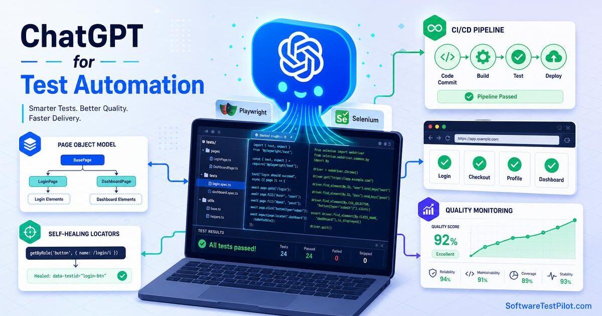 ChatGPT for test automation cover — isometric infographic of a ChatGPT chat bubble generating Playwright and Selenium code inside a laptop IDE, a Page Object Model diagram, a green CI/CD pipeline, a self-healing locator badge and a quality-score dashboard, with the SoftwareTestPilot.com wordmark.