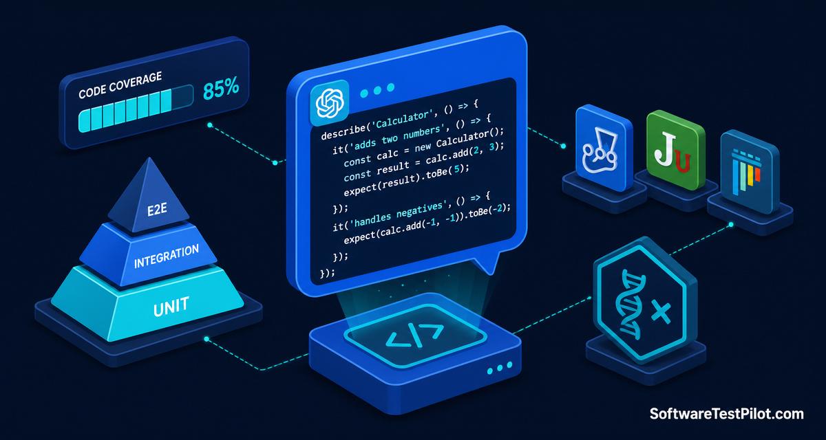 ChatGPT for unit testing cover — isometric infographic of a ChatGPT chat bubble generating unit test code with describe/it/expect, plus a code coverage bar at 85%, testing pyramid with wide unit base, Jest/JUnit/Pytest icons and a mutation-testing badge, with the SoftwareTestPilot.com wordmark.