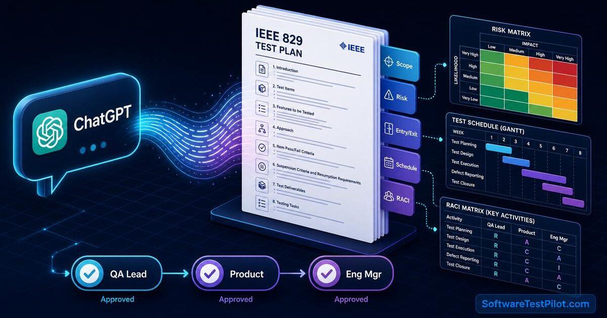 ChatGPT test plan cover — isometric infographic of a ChatGPT chat bubble generating an IEEE 829 test plan document with scope, risk, entry/exit, schedule and RACI tabs, plus a risk-matrix heatmap, Gantt schedule, RACI table and approval workflow, and the SoftwareTestPilot.com wordmark.