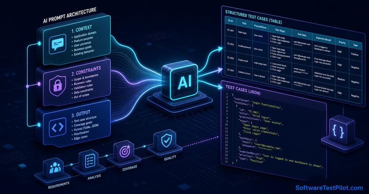 Diagram of context-rich AI prompting architecture feeding structured test cases and JSON payloads